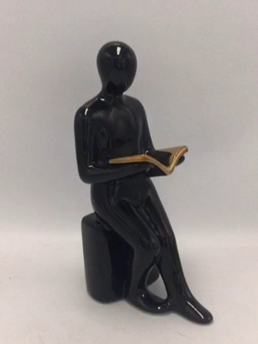 Bookends Black Reading Statue Figure With Gold Book - 